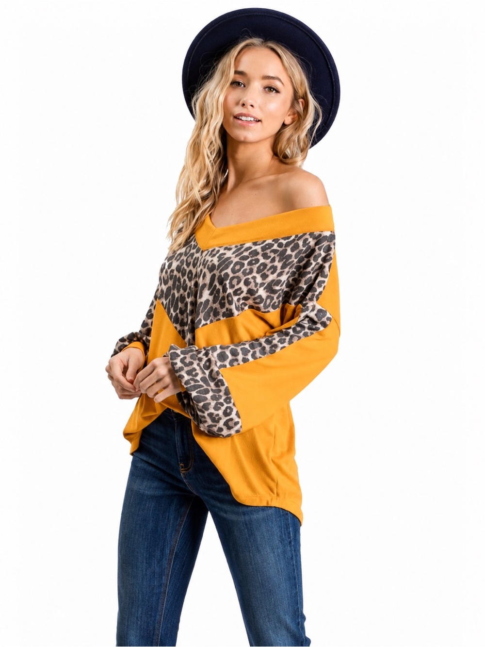 Leopard Print Golden Yellow Colorblock Oversized Tunic Top, M